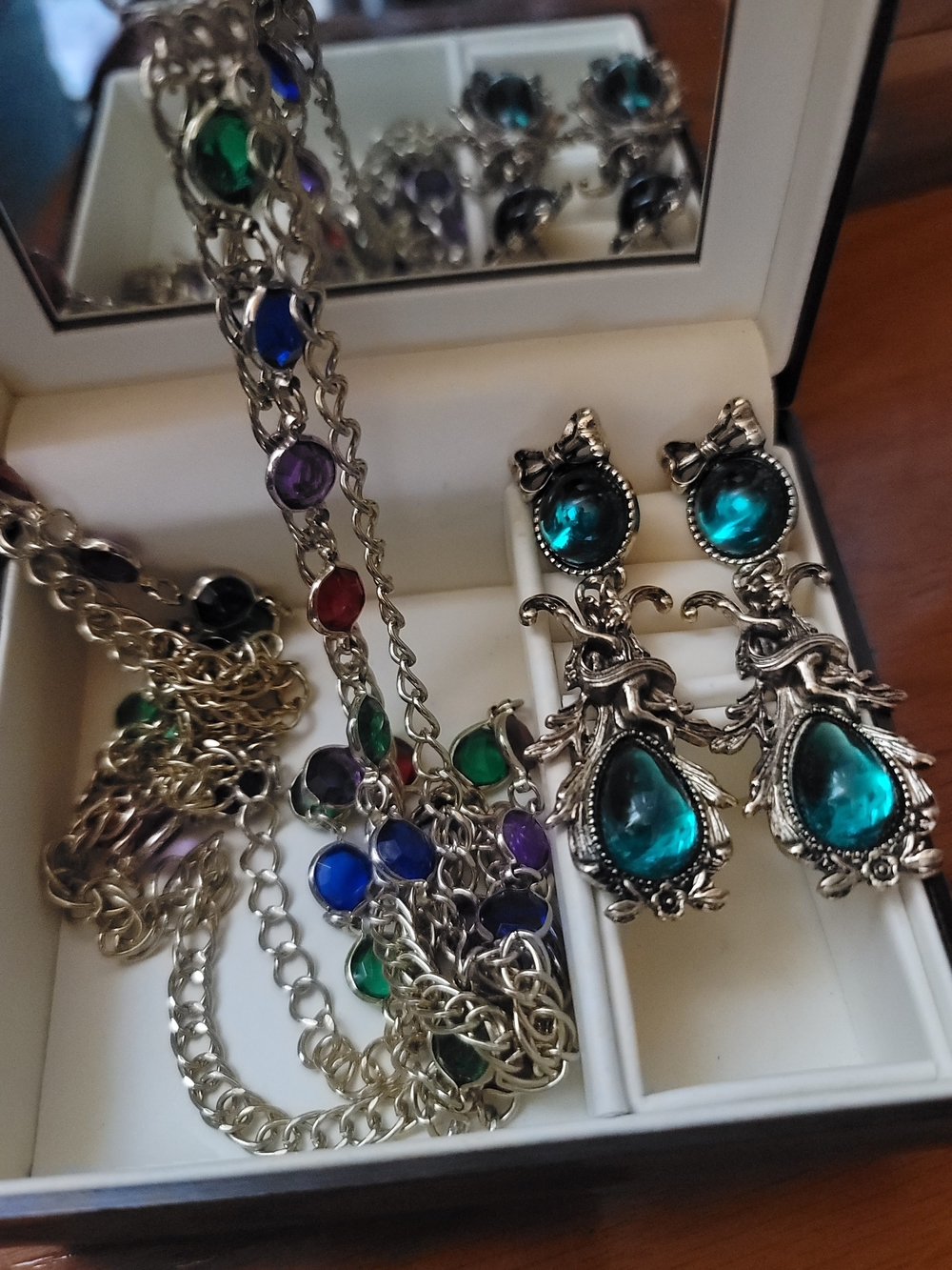 Vintage-Style Silver Plated Teal Gem Necklace Set